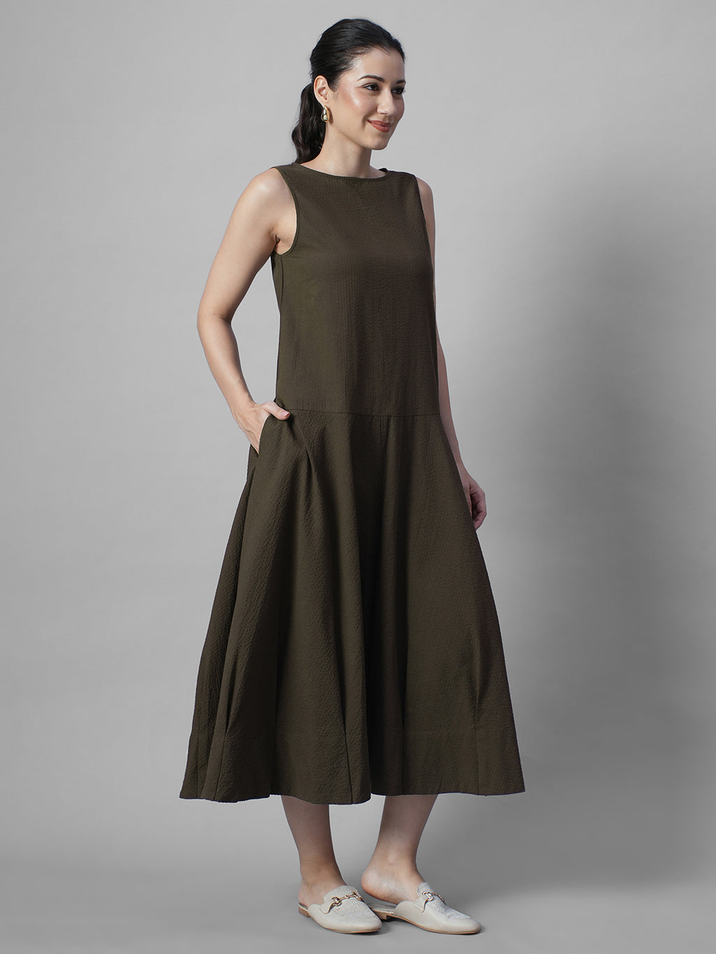 Women's Brown 100% Cotton Regular Fit Dress