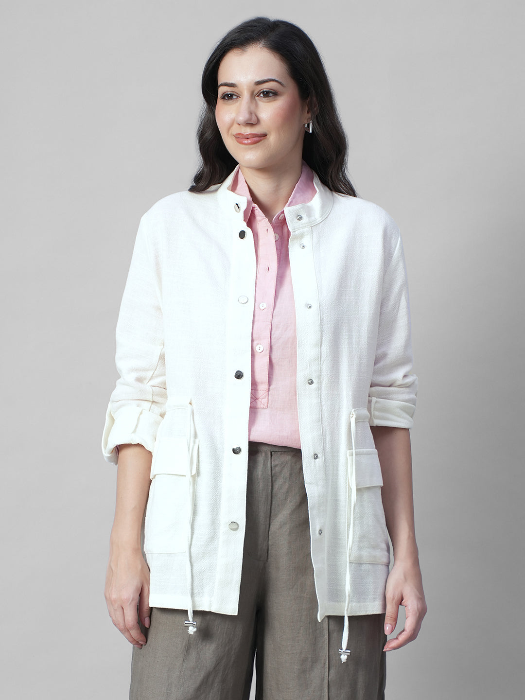 Women's Offwhite 100% Cotton Regular Fit Jacket