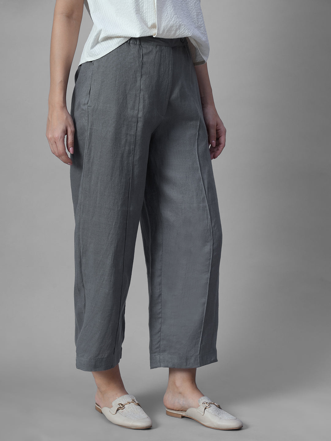 Women's Grey 100% Linen Regular Fit Pant