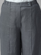 Women's Grey 100% Linen Regular Fit Pant