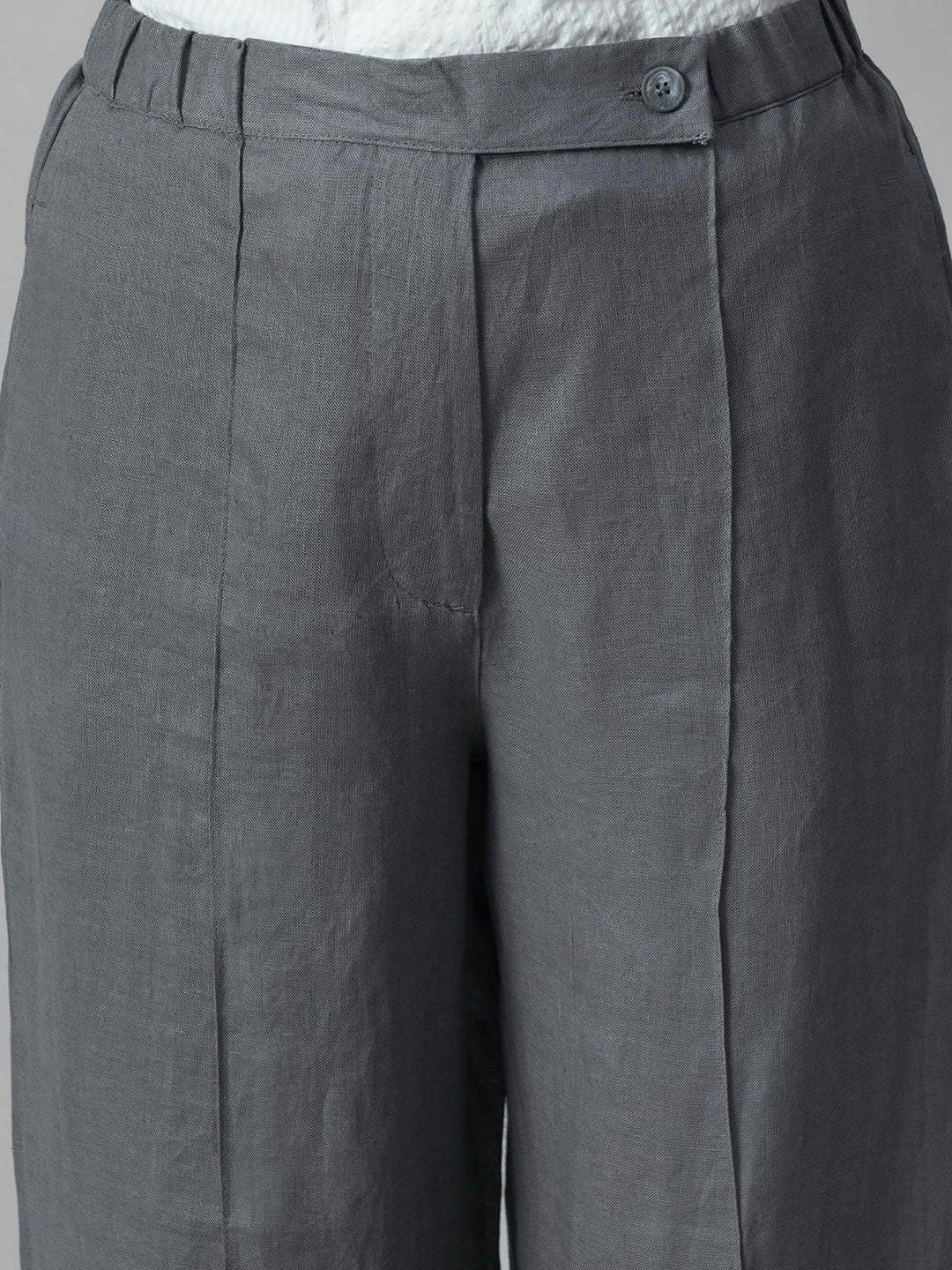 Women's Grey 100% Linen Regular Fit Pant