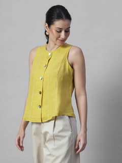 Women's Mustard 100% Linen Regular Fit Blouse