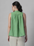 Women's Green 100% Linen Regular Fit Blouse