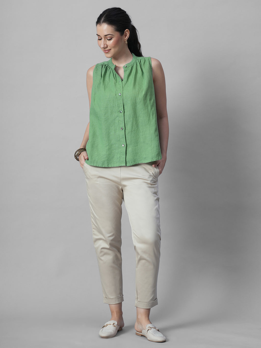 Women's Green 100% Linen Regular Fit Blouse