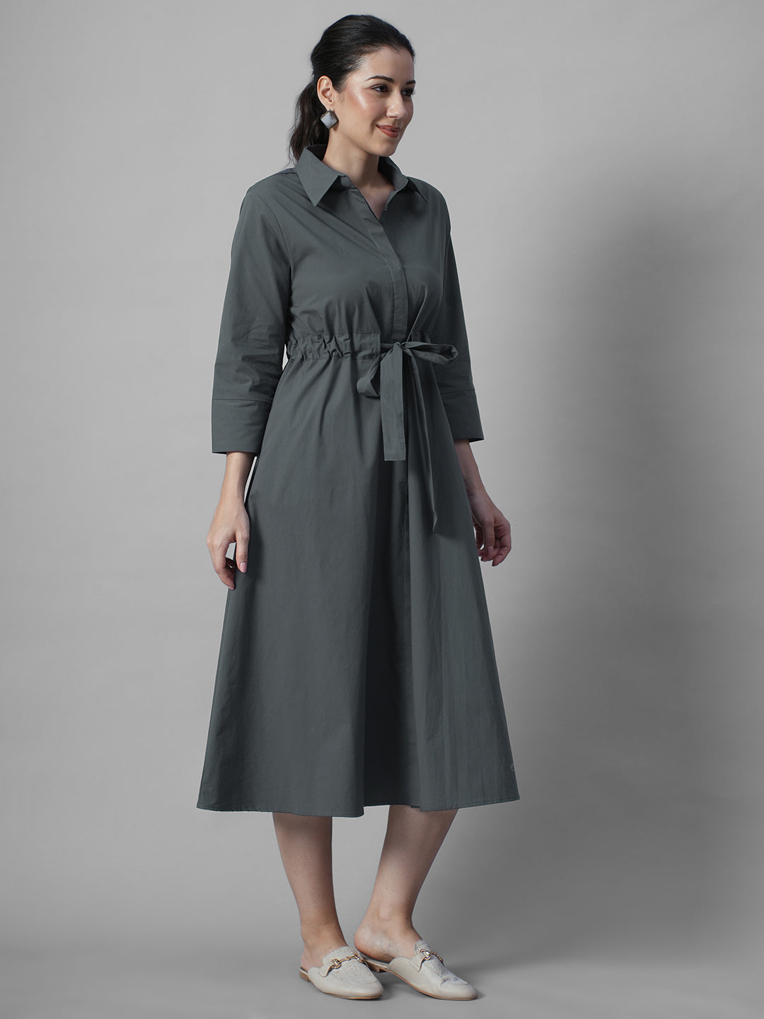 Women's Grey Cotton Lycra Regular Fit Dress