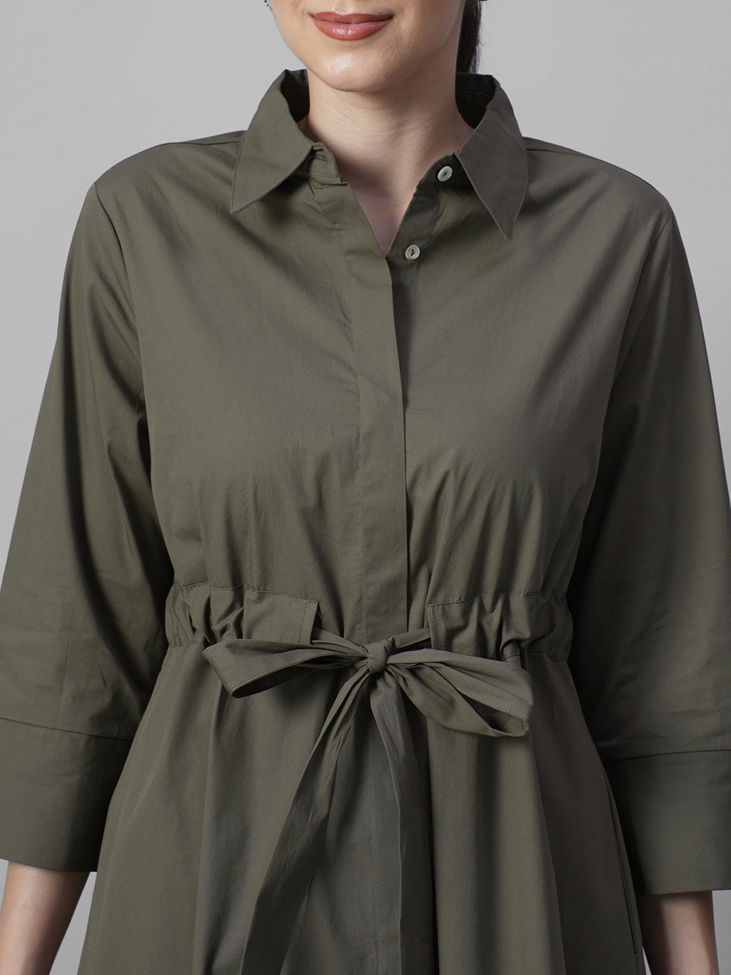 Women's Olive Cotton Lycra Regular Fit Dress