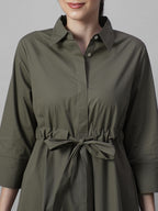 Women's Olive Cotton Lycra Regular Fit Dress