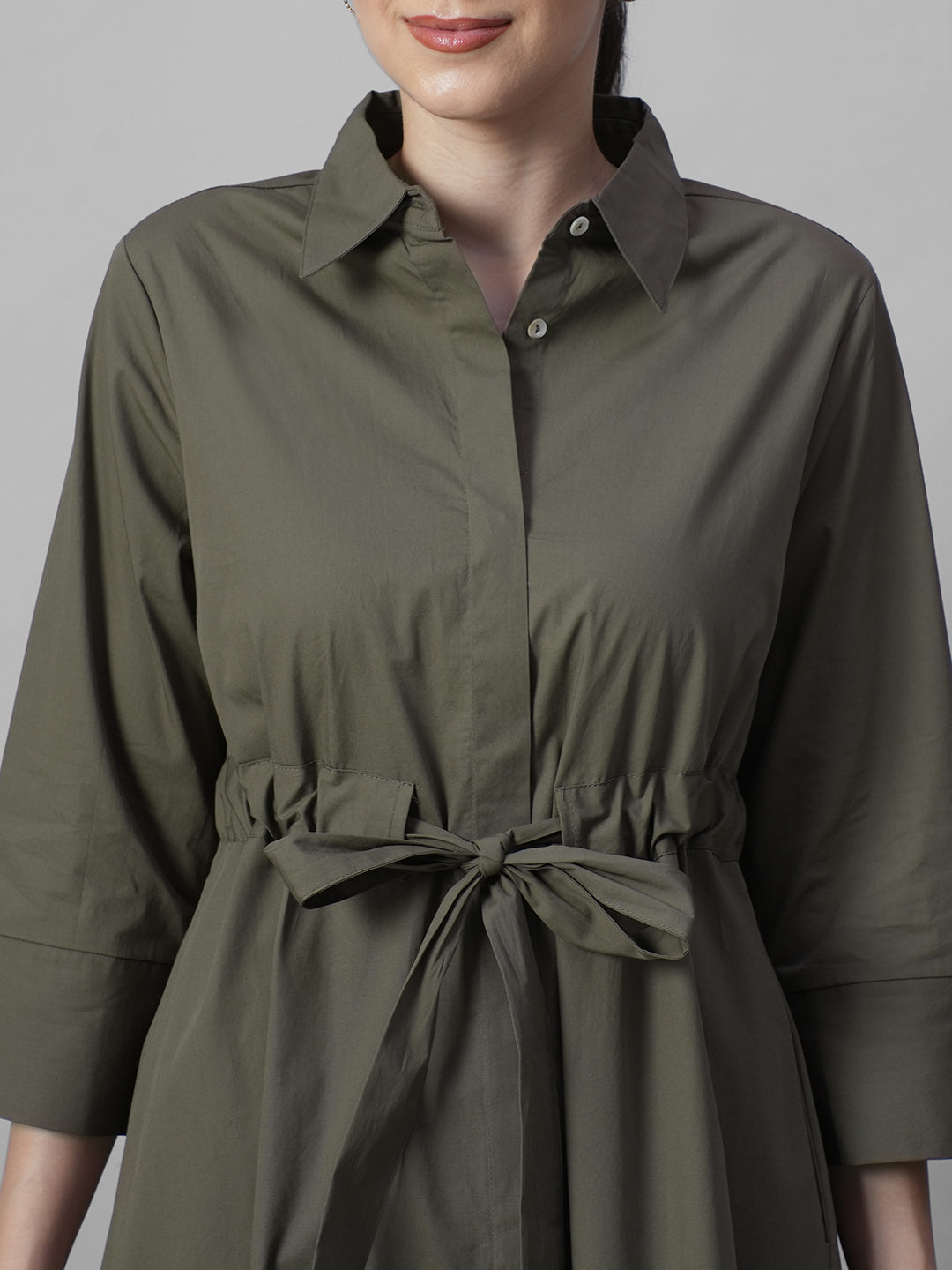 Women's Olive Cotton Lycra Regular Fit Dress