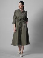 Women's Olive Cotton Lycra Regular Fit Dress