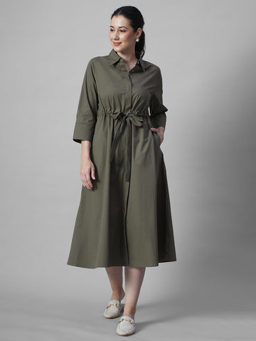 Women's Olive Cotton Lycra Regular Fit Dress