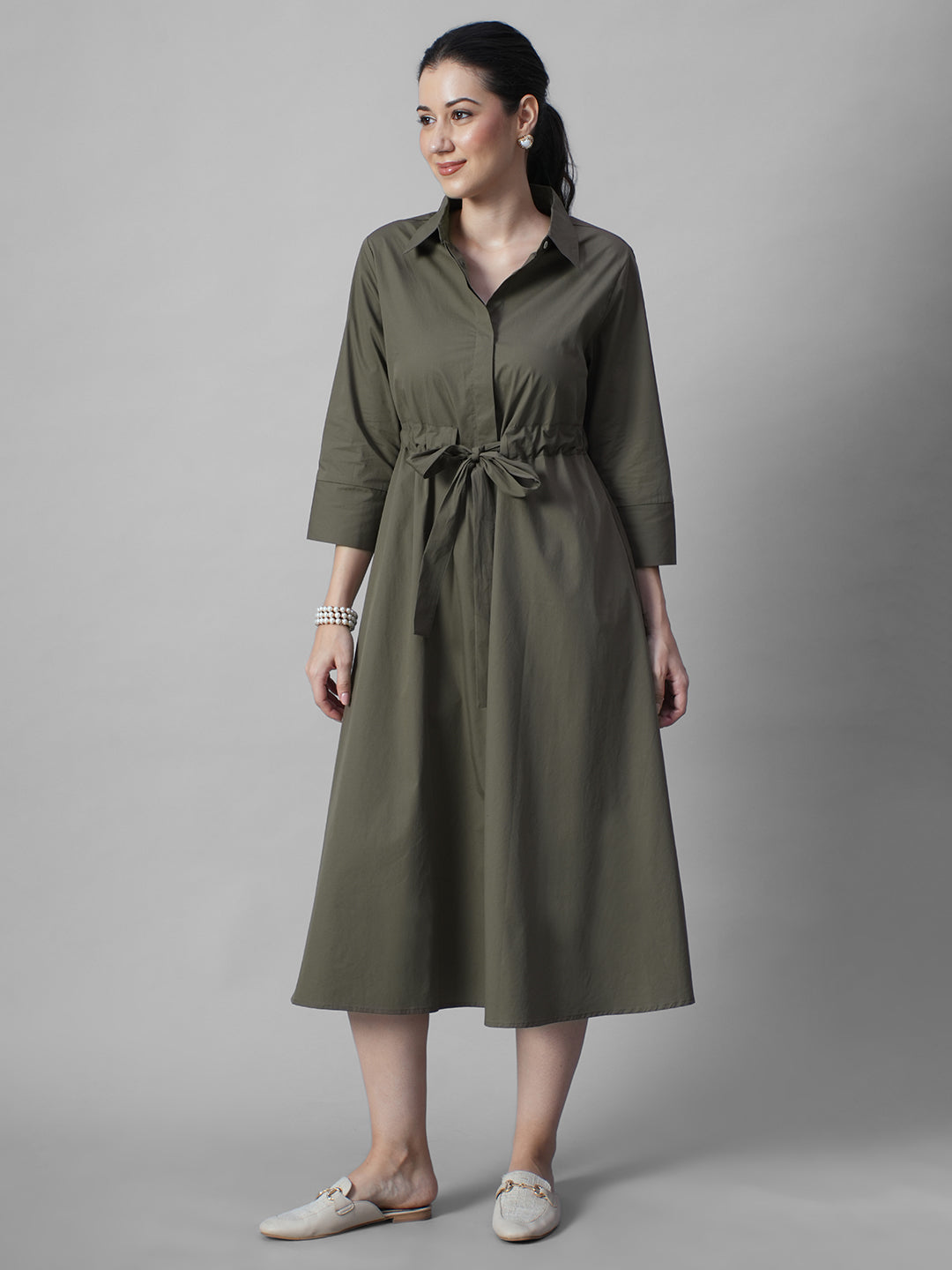 Women's Olive Cotton Lycra Regular Fit Dress