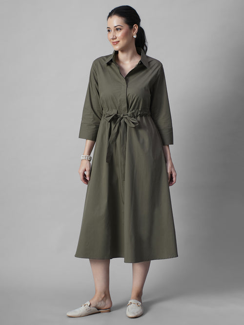 Women's Olive Cotton Lycra Regular Fit Dress