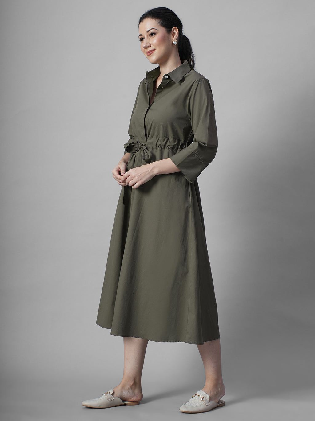 Women's Olive Cotton Lycra Regular Fit Dress