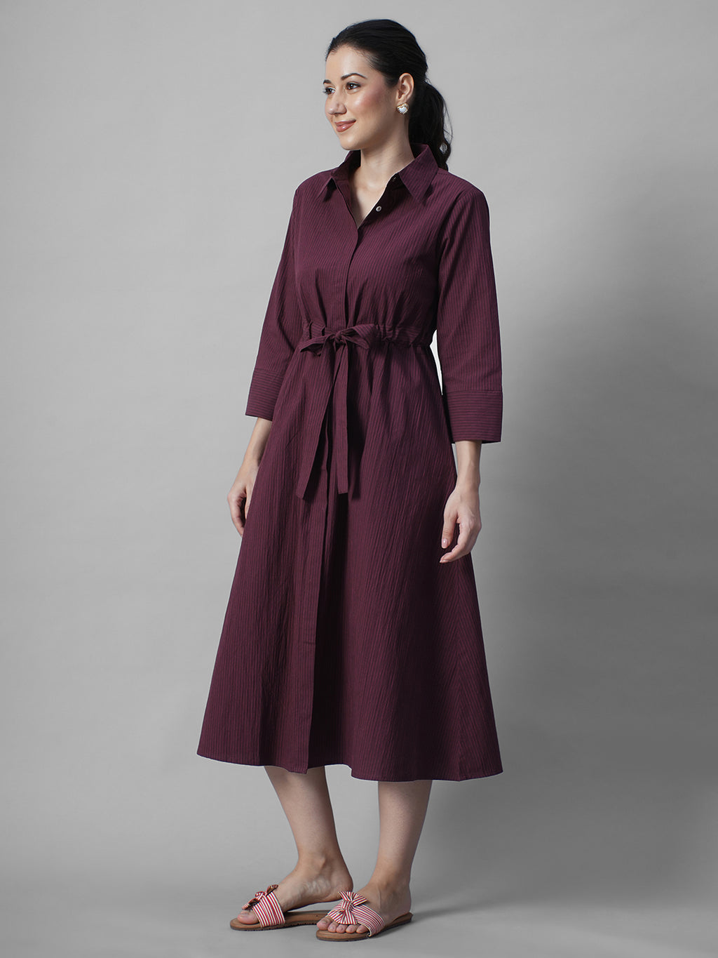Women's Wine Cotton Lycra Regular Fit Dress