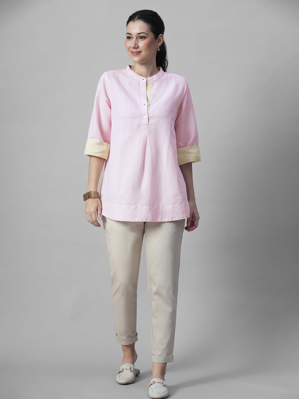 Women's Pink Linen Cotton Regular Fit Blouse