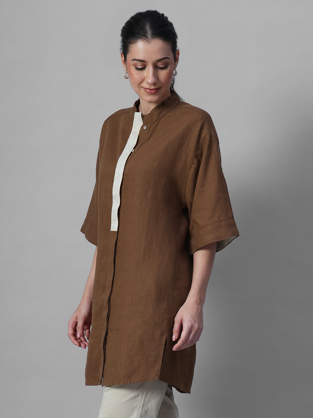 Women's Brown 100% Linen Boxy Fit Kurta