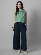 Women's Navy Cotton Linen Regular Fit Pant