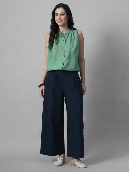 Women's Navy Cotton Linen Regular Fit Pant