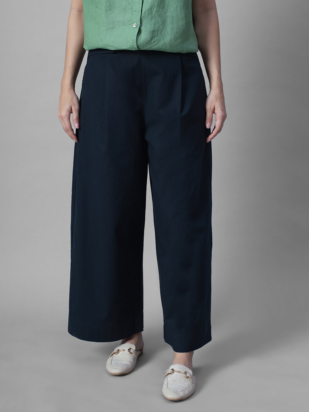 Women's Navy Cotton Linen Regular Fit Pant