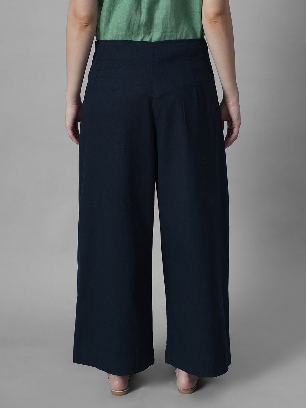 Women's Navy Cotton Linen Regular Fit Pant