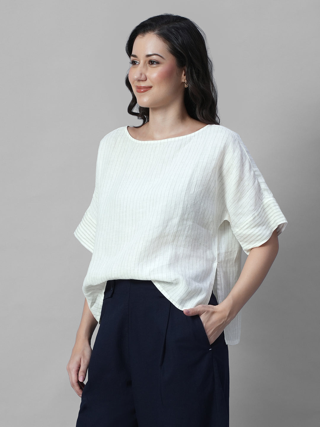 Women's Offwhite 100% Linen Boxy Fit Blouse