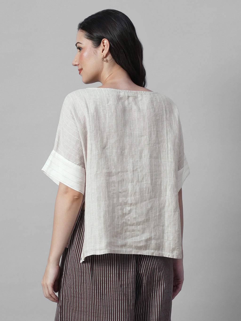 Women's Beige 100% Linen Boxy Fit Blouse