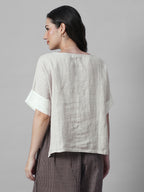 Women's Beige 100% Linen Boxy Fit Blouse