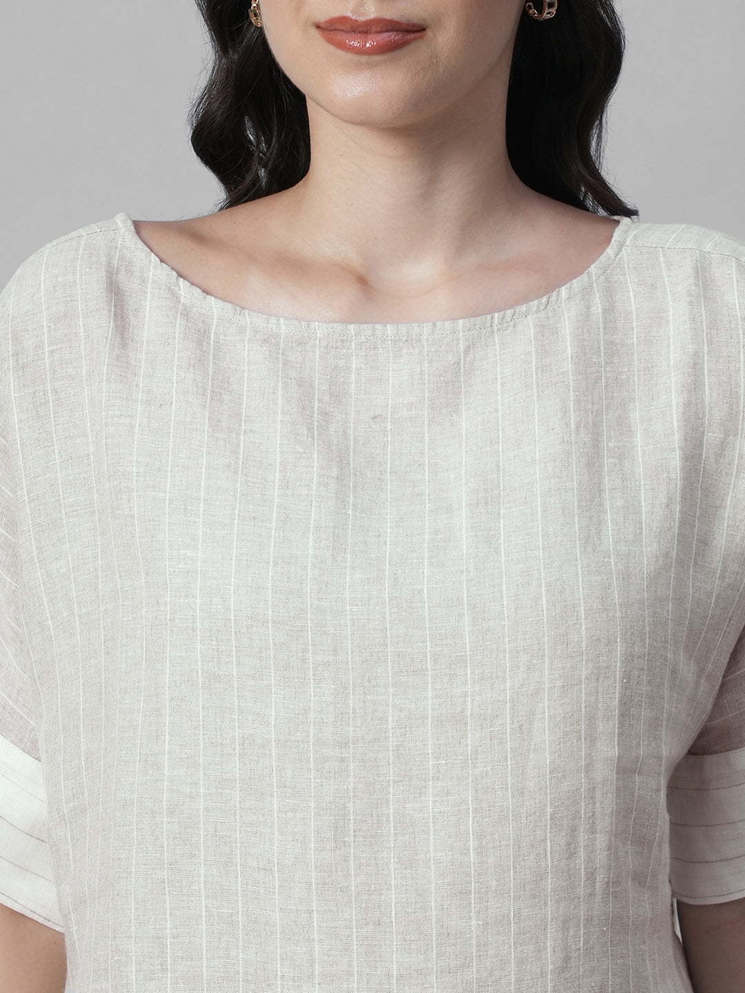 Women's Beige 100% Linen Boxy Fit Blouse