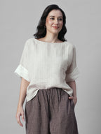 Women's Beige 100% Linen Boxy Fit Blouse
