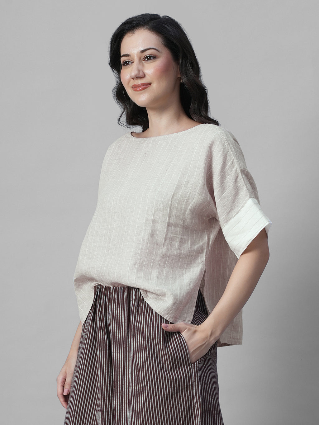 Women's Beige 100% Linen Boxy Fit Blouse