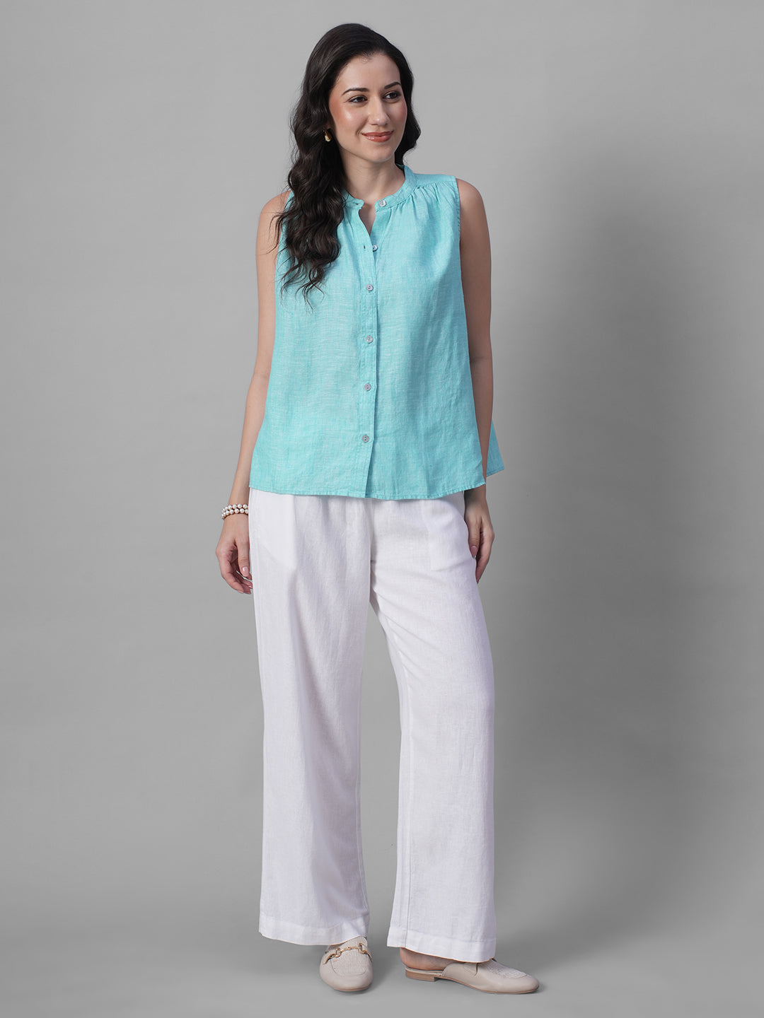 Women's Chambray Blue 100% Linen Regular Fit Blouse
