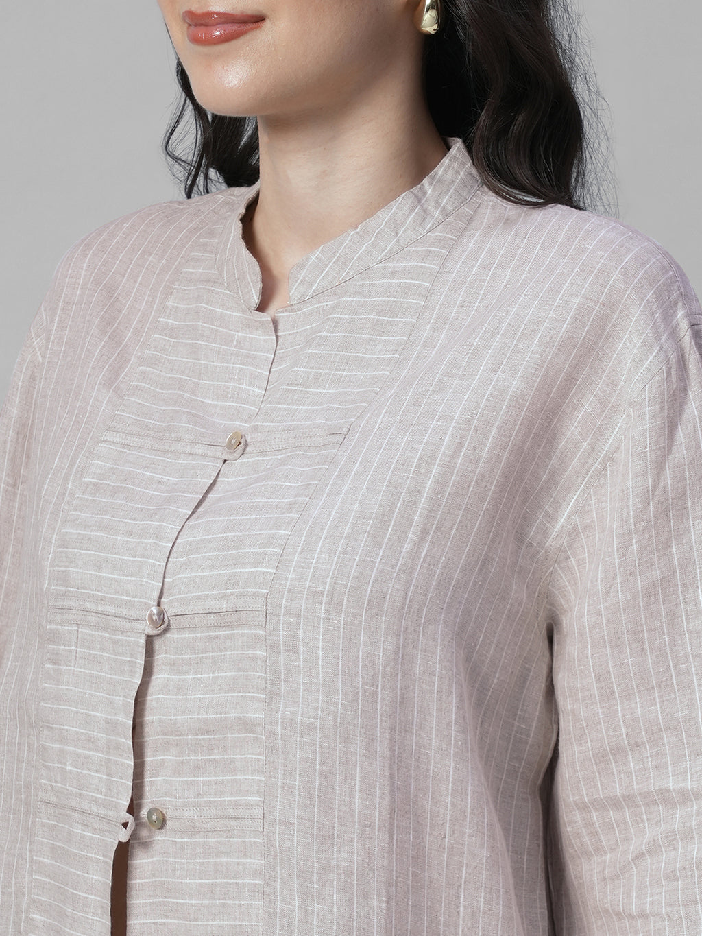 Women's Beige 100% Linen Boxy Fit Blouse