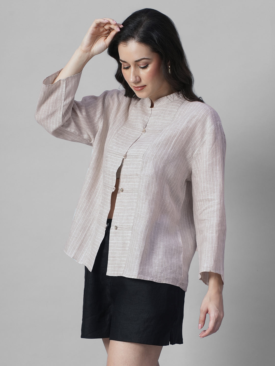 Women's Beige 100% Linen Boxy Fit Blouse