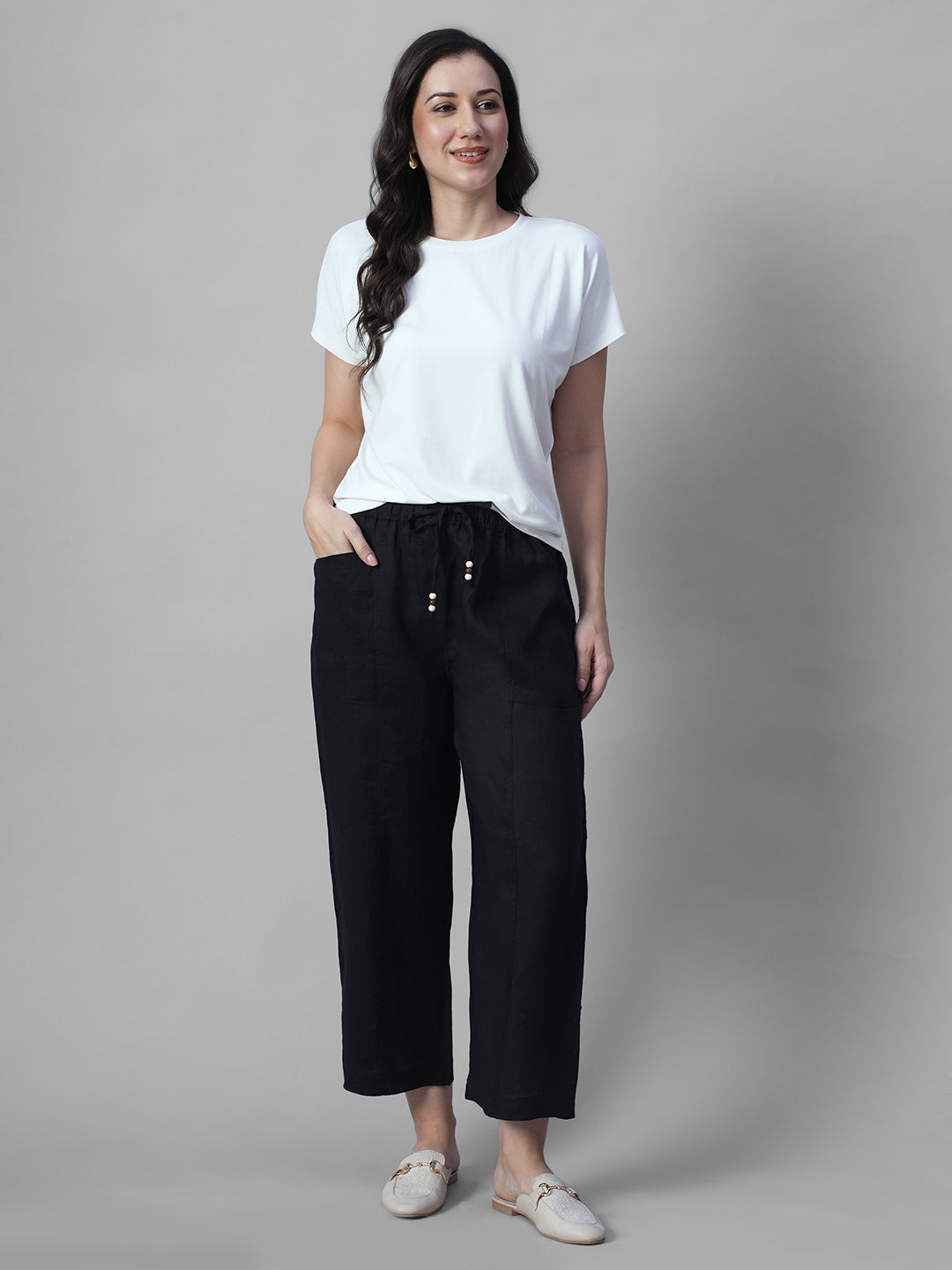 Women's Black 100% Linen Regular Fit Pant