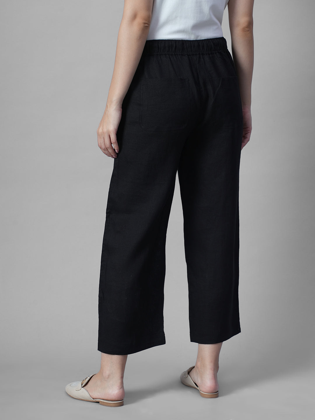 Women's Black 100% Linen Regular Fit Pant