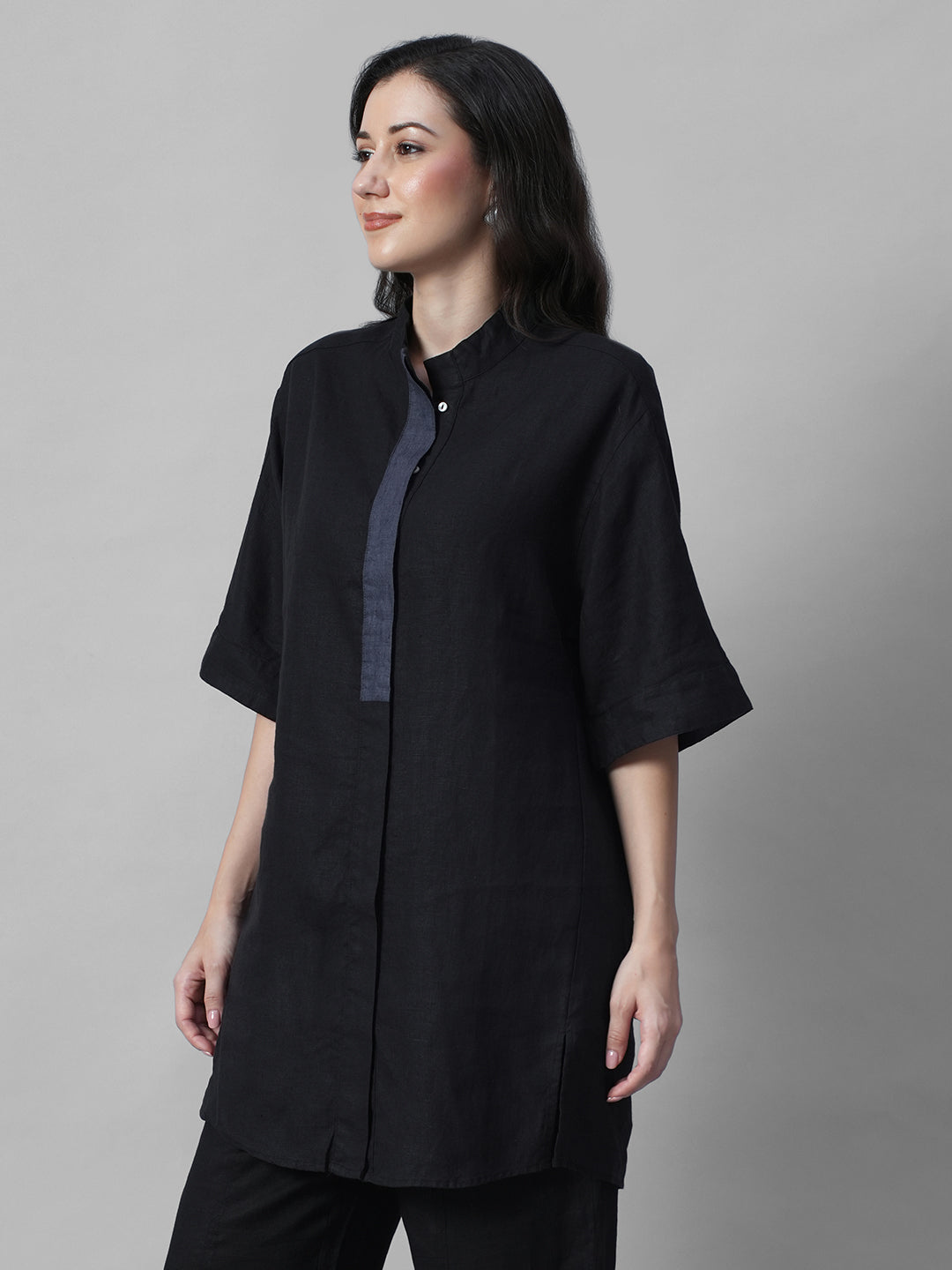 Women's Black 100% Linen Boxy Fit Kurta