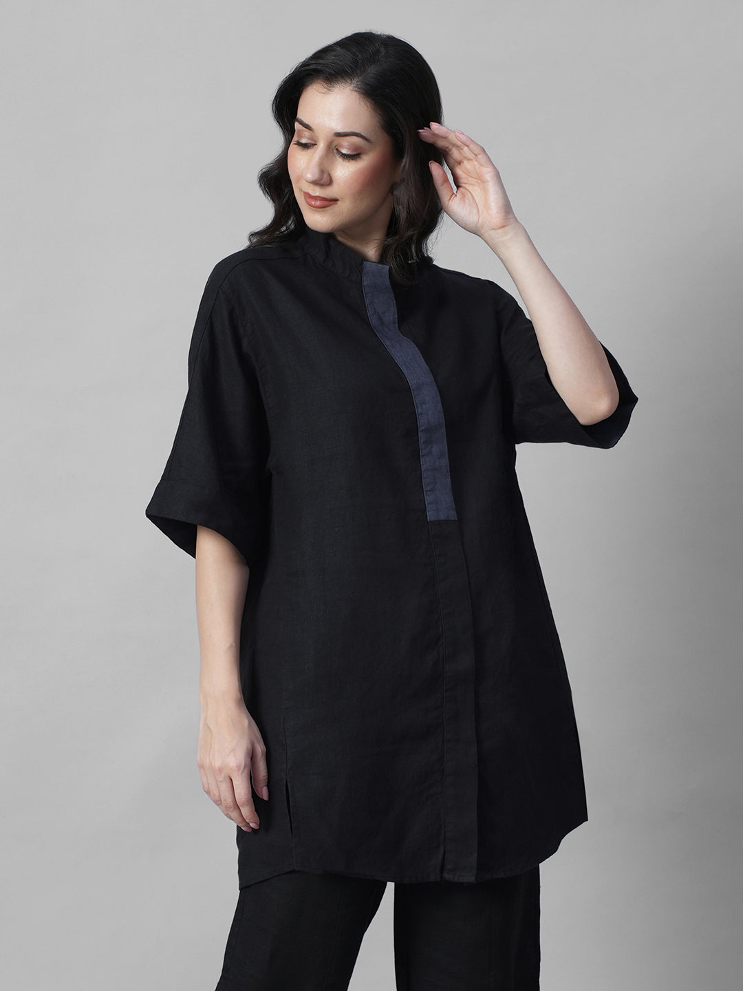 Women's Black 100% Linen Boxy Fit Kurta