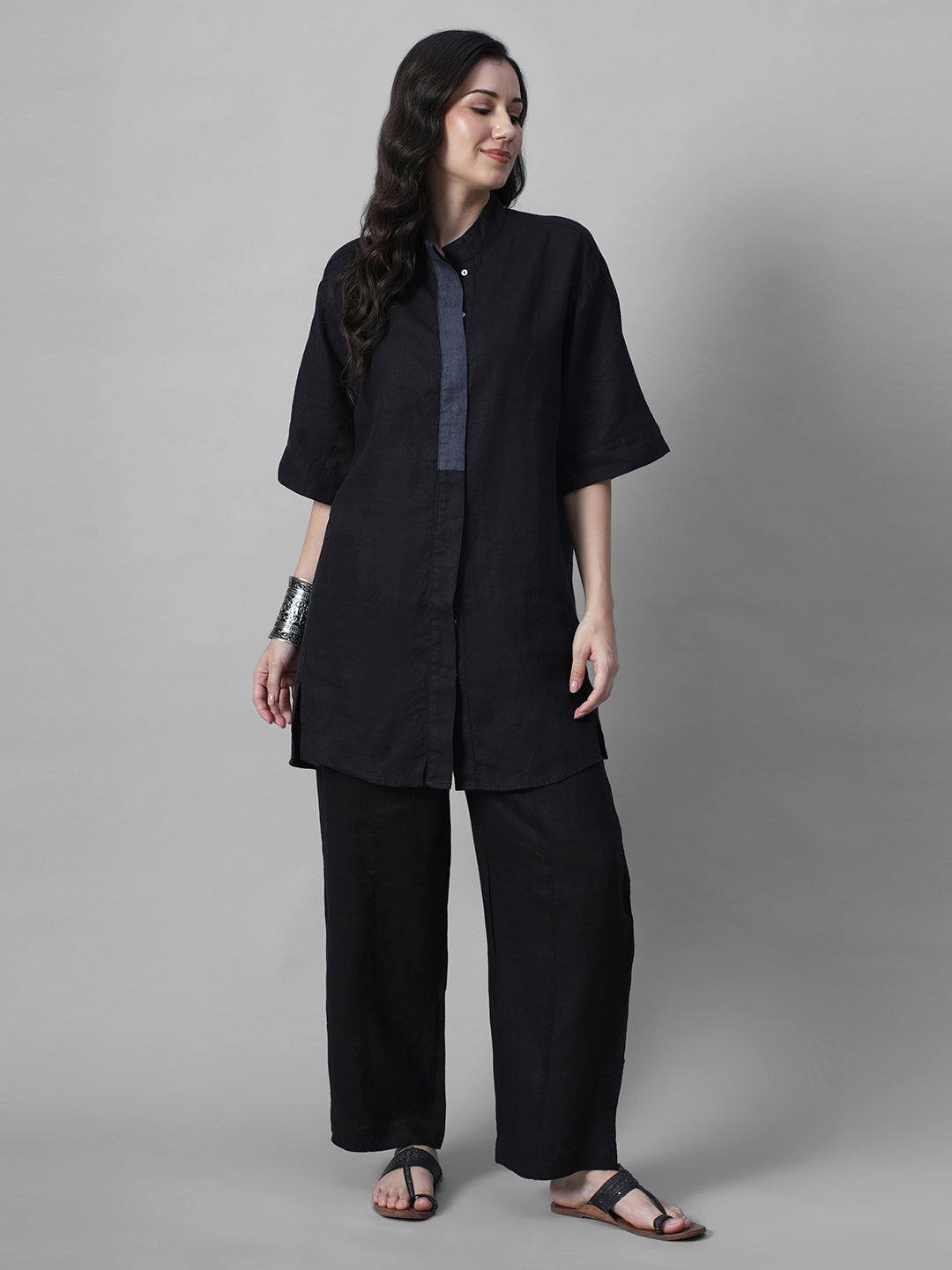 Women's Black 100% Linen Boxy Fit Kurta