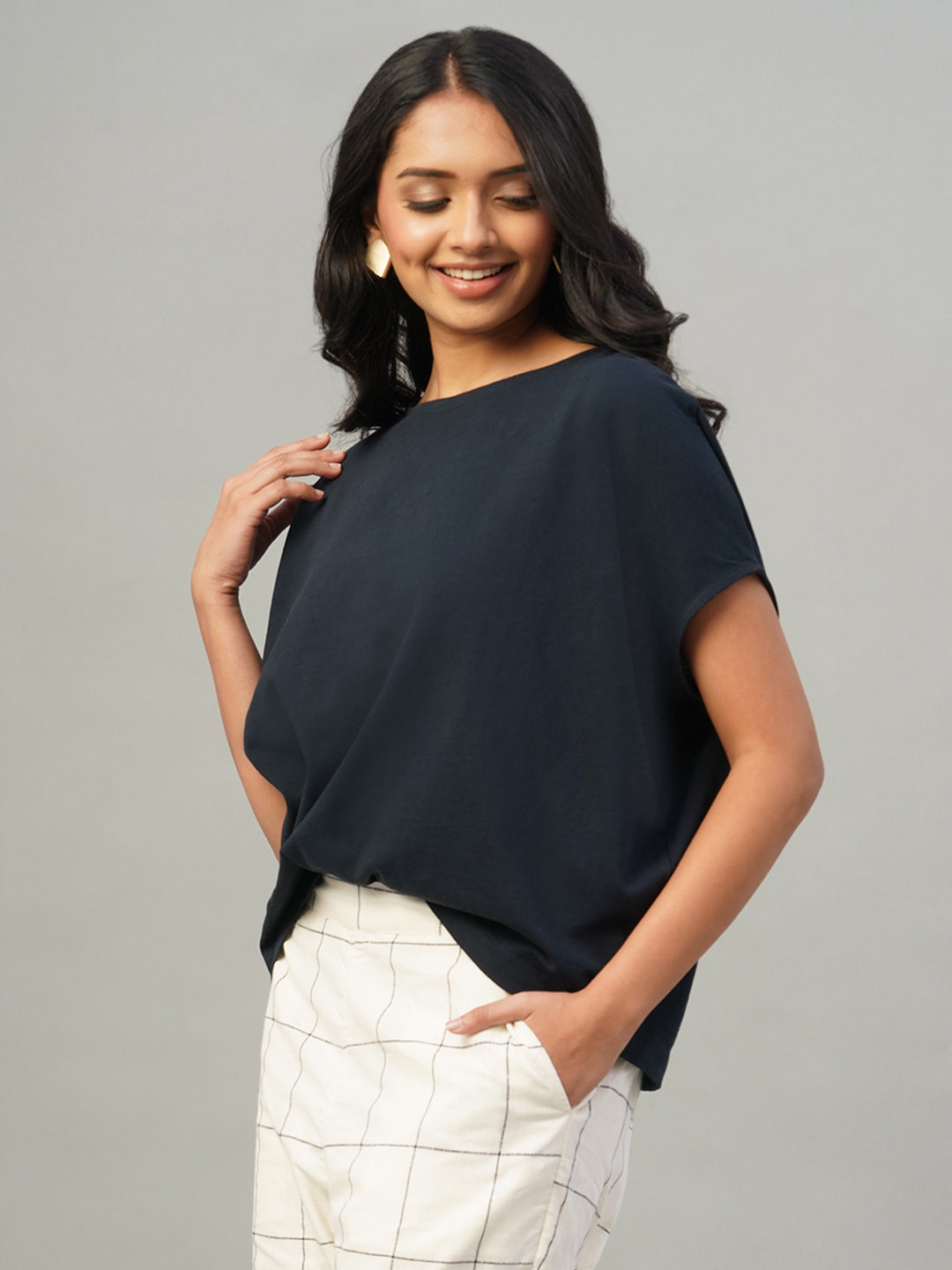 Women's Navy 100% Cotton Loose Fit Tshirt