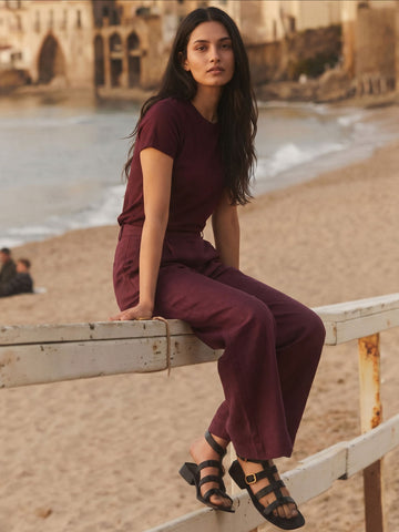 Women's Wine 100% Linen Regular Fit Pant