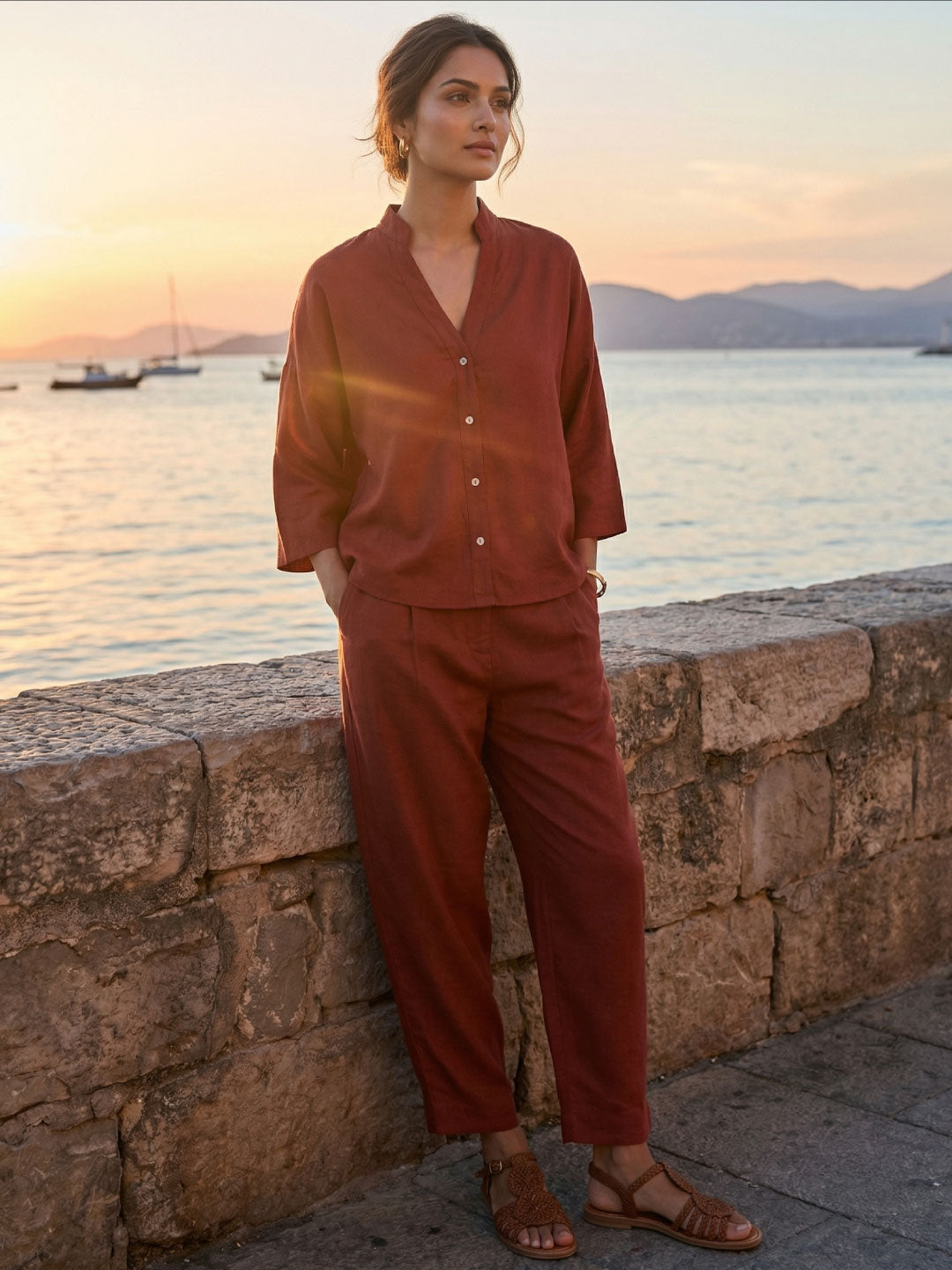 Women's Rust Linen Viscose Regular Fit Pant
