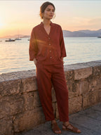 Women's Rust Linen Viscose Regular Fit Pant