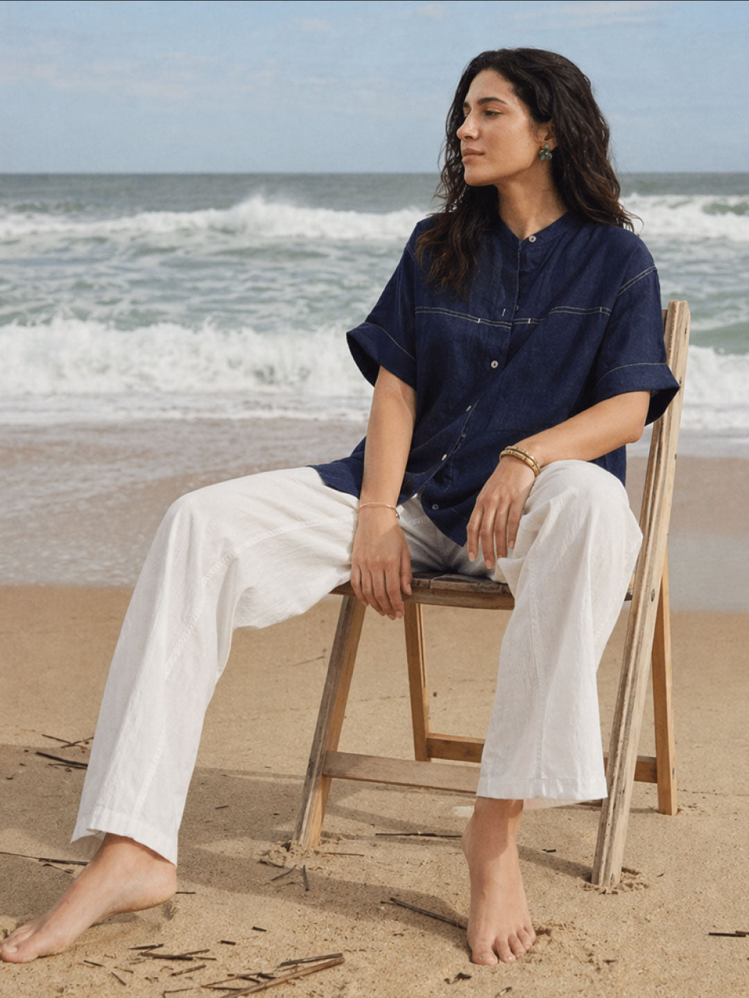 Women's Navy 100% Linen Boxy Fit Blouse