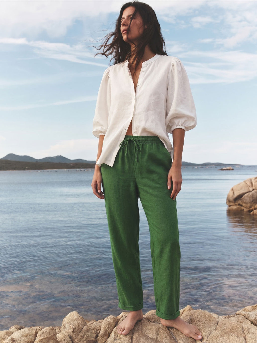 Women's Green Linen Viscose Regular Fit Pant