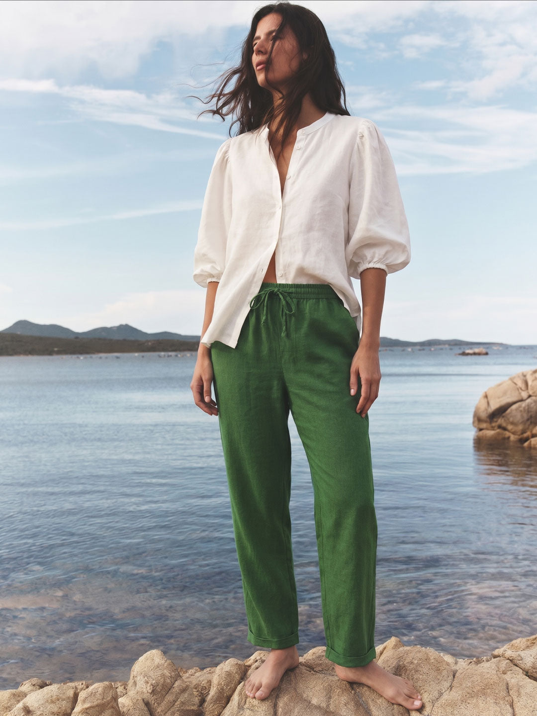 Women's Green Linen Viscose Regular Fit Pant