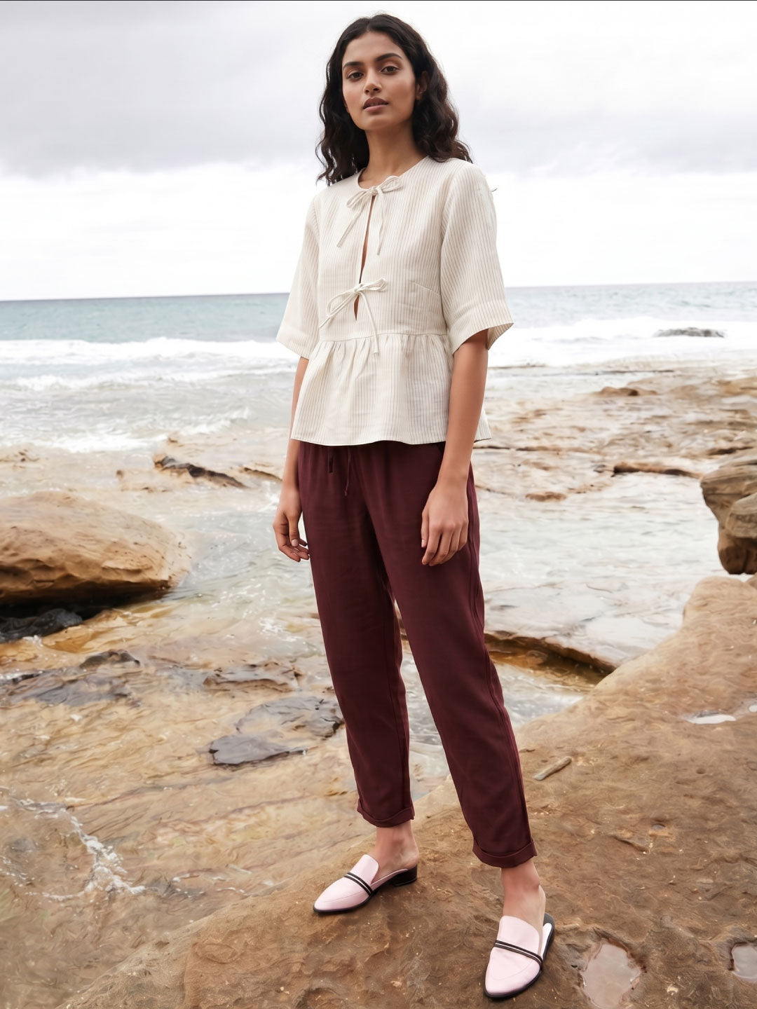 Women's Wine Linen Viscose Regular Fit Pant