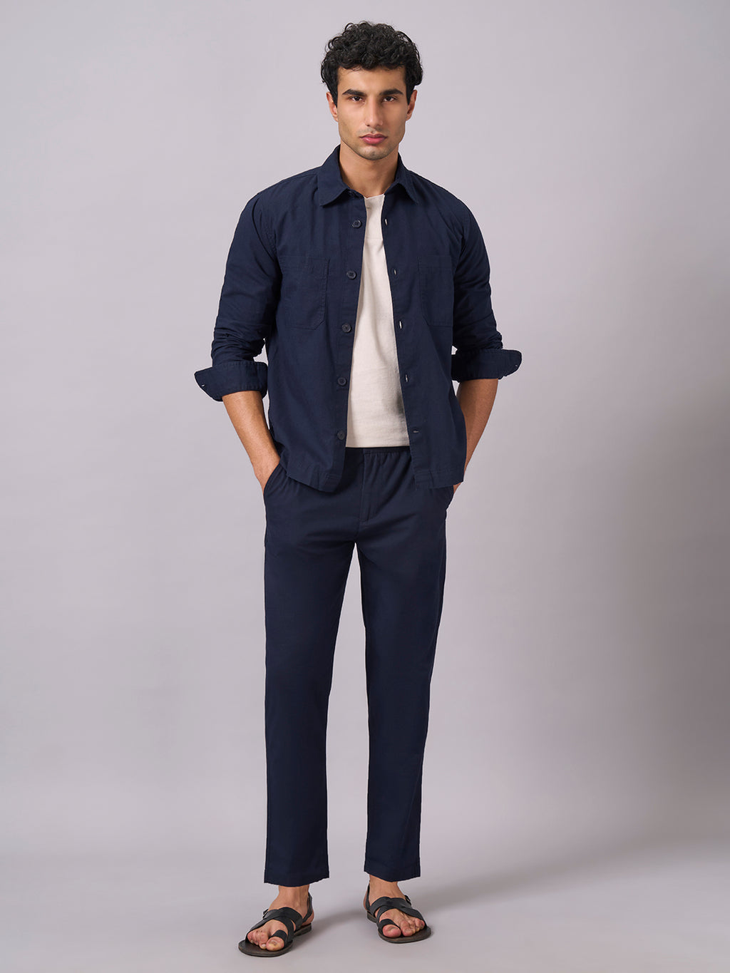 Men's Navy Cotton Linen Regular Fit Pant