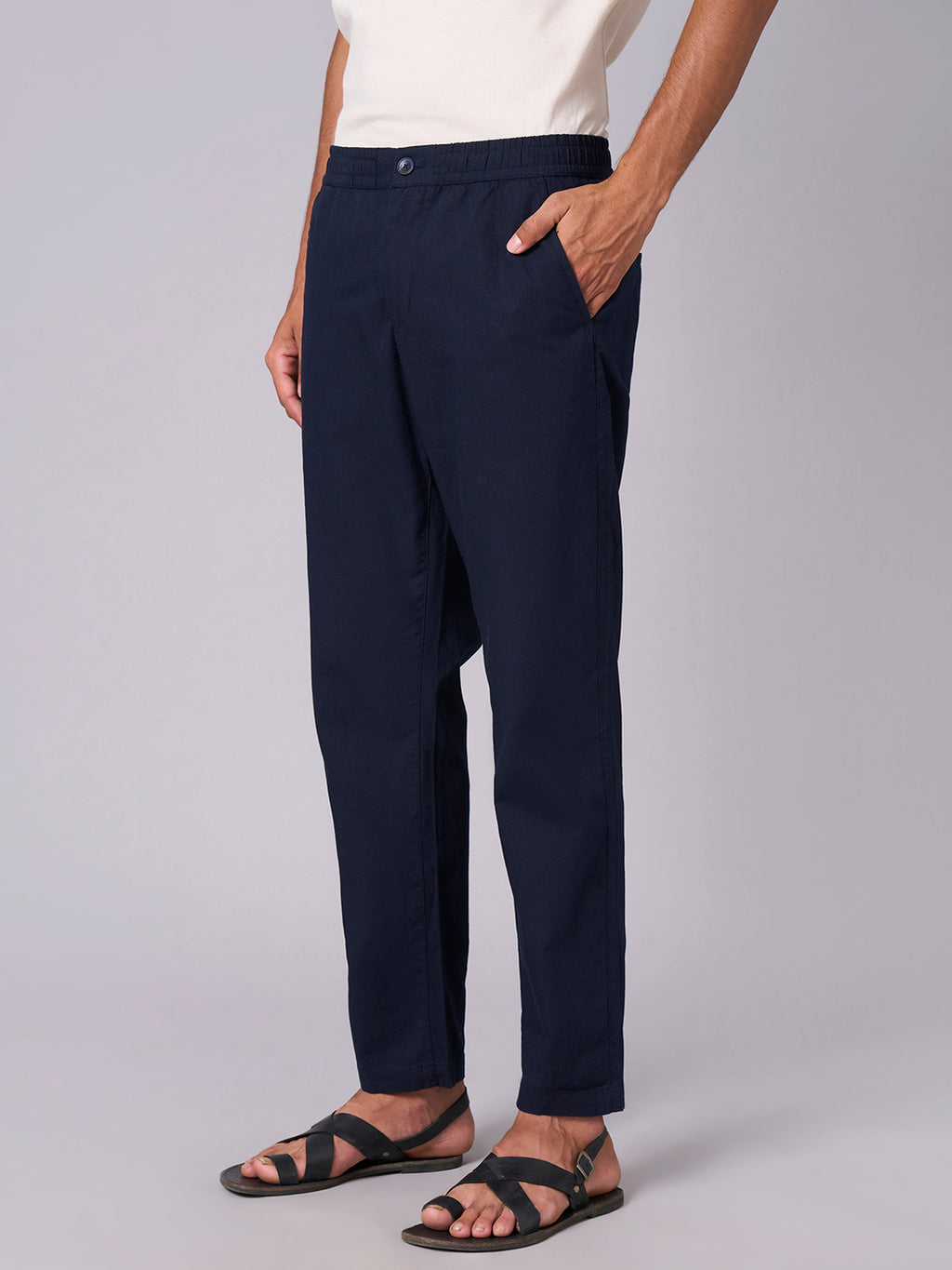 Men's Navy Cotton Linen Regular Fit Pant