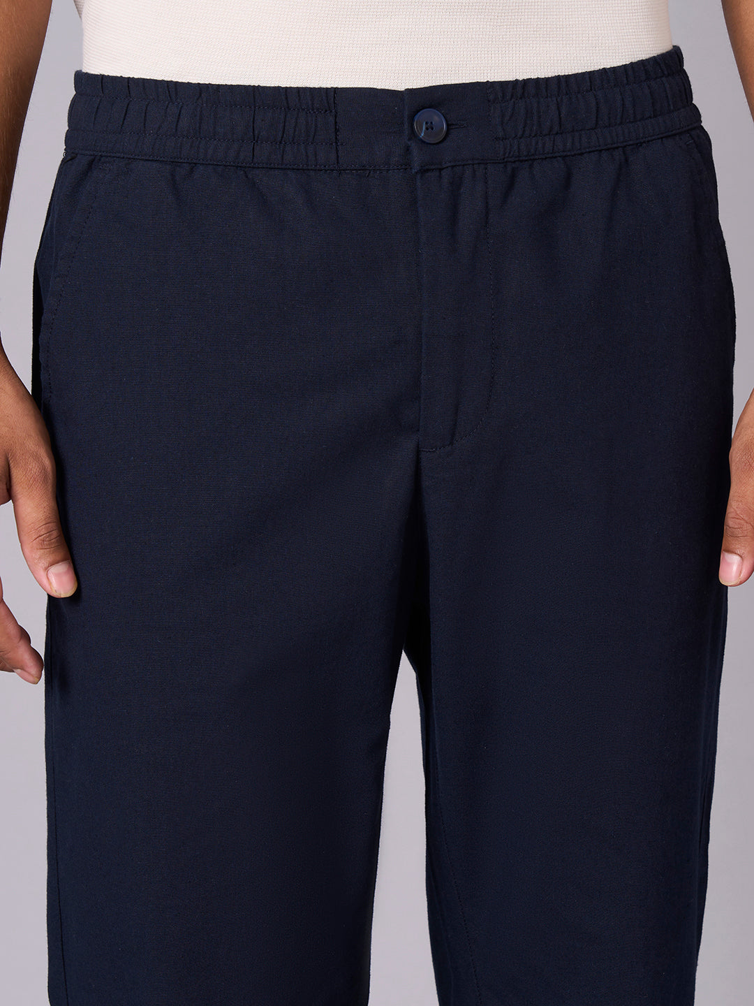 Men's Navy Cotton Linen Regular Fit Pant
