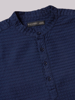 Men’s Cotton Regular Fit Textured Band Collar Shirt Navy